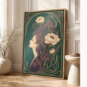 Art Nouveau Wall Art Print | Woman with Iris Flowers Poster | Modern New Botanical | Jade Plum Ivory Elegant Wall Decor image 1
