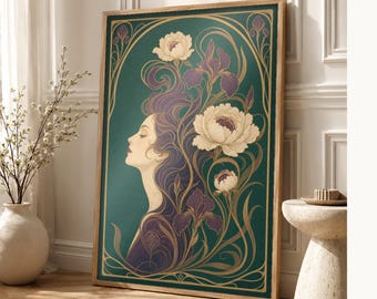 Art Nouveau Wall Art Print | Woman with Iris Flowers Poster | Modern New Botanical | Jade Plum Ivory Elegant Wall Decor