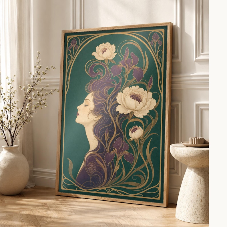 Art Nouveau Wall Art Print | Woman with Iris Flowers Poster | Modern New Botanical | Jade Plum Ivory Elegant Wall Decor image 1
