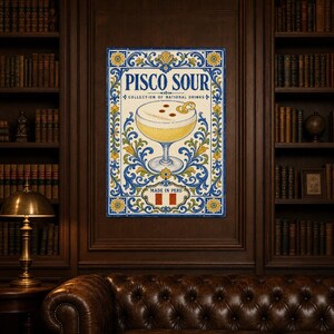 Pisco Sour Cocktail Tile Wall Art Print | Peru National Drink Poster | Azulejo Bar Cart Print | Maiolica Kitchen Decor image 5