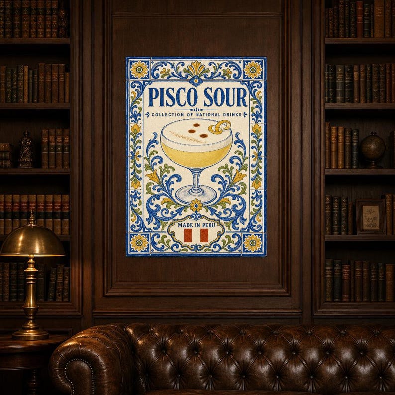 Pisco Sour Cocktail Tile Wall Art Print | Peru National Drink Poster | Azulejo Bar Cart Print | Maiolica Kitchen Decor image 5
