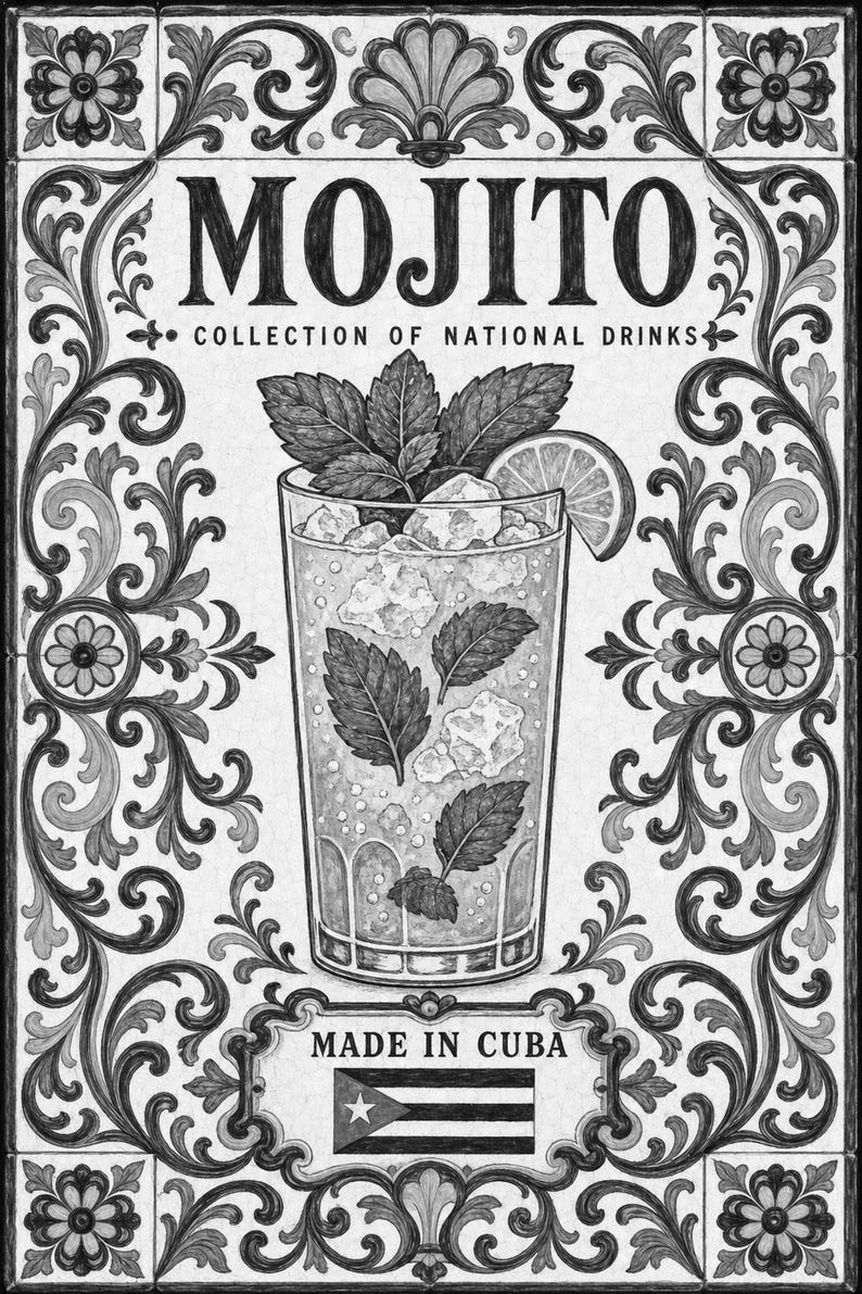 Płytka ścienna z koktajlem Mojito | Kubański plakat narodowy z napojami | Druk koszyka barowego Azulejo | Wystrój kuchni majolikowej zdjęcie 10