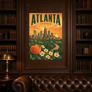 Pôster de viagem de Atlanta | Impressão vintage do horizonte da Geórgia | Arte de parede impressa da Geórgia | Decoração urbana de meados do século imagem 4