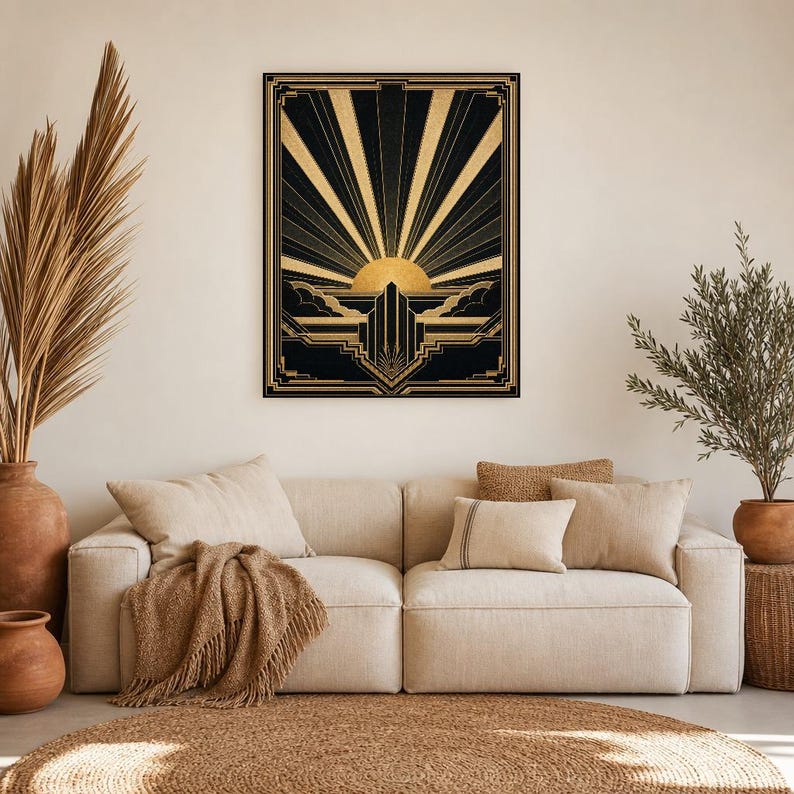 Impresión artística de pared Art Déco Sunburst | Póster geométrico negro dorado | Decoración de pared estilo Neo Deco Gatsby | Elegante esta imagen 7