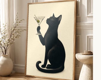 Arte de pared de Martini de gato negro | Cartel de cóctel de oliva | Impresión del carrito de la barra | Decoración divertida del bar Noir C