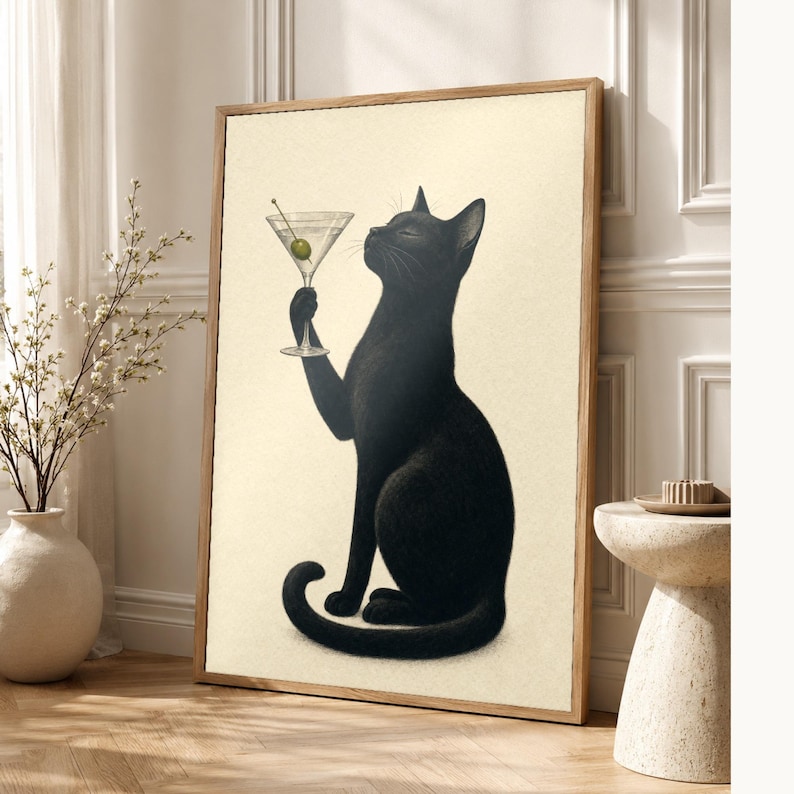 Black Cat Martini Wall Art Print | Olive Cocktail Poster | Bar Cart Print | Funny Black Cat Club Bar Decor image 1