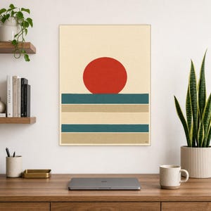 Tomato Red Sun Nordic Lake Wall Art Print | Minimalist Sun Poster | Cut-Paper Mid-Century Print | Gray Blue Scandi Decor image 8