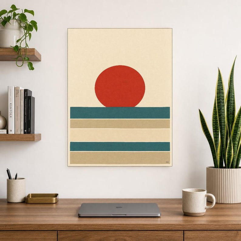 Tomato Red Sun Nordic Lake Wall Art Print | Minimalist Sun Poster | Cut-Paper Mid-Century Print | Gray Blue Scandi Decor image 8