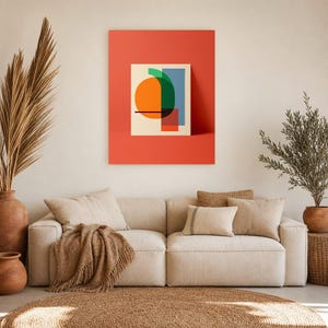 Abstracte muurdecoratie met kaki en wasabi | Opvallende poster met kleurblokken | Moderne geometrische print in mid-century stijl afbeelding 6