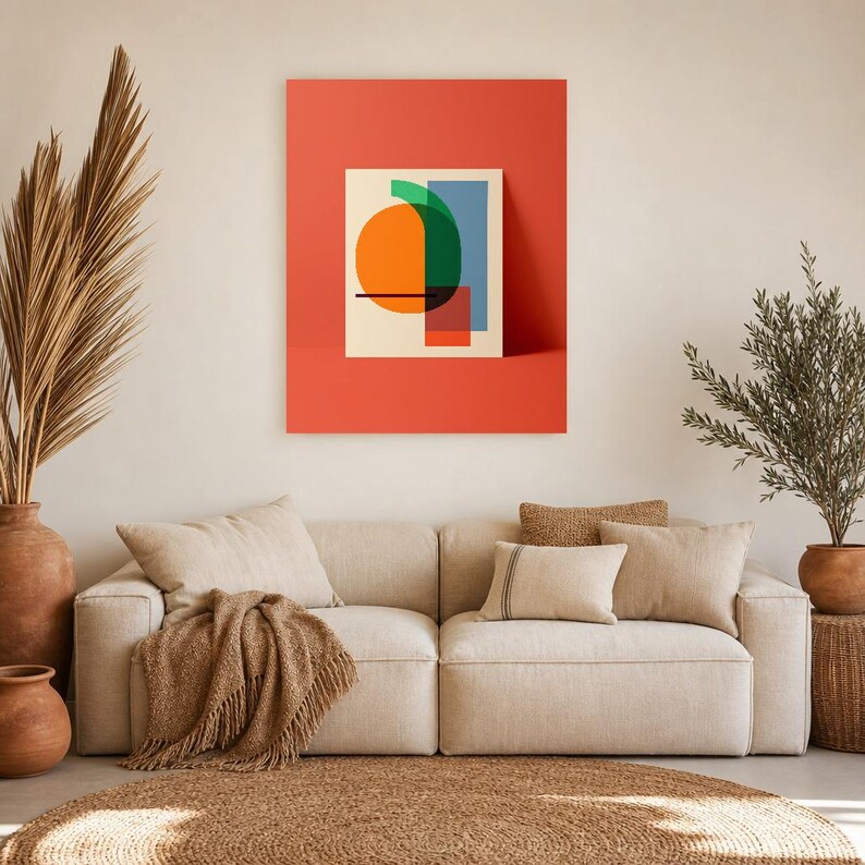 Abstracte muurdecoratie met kaki en wasabi | Opvallende poster met kleurblokken | Moderne geometrische print in mid-century stijl afbeelding 6