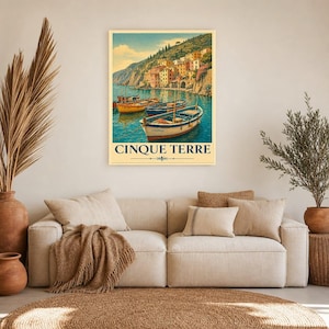 Cinque Terre Wall Art Print | Italian Fishing Boats Poster | Riviera Cove Travel Print | Vintage Dolce Vita Decor | Mediterranean Sea Art image 7