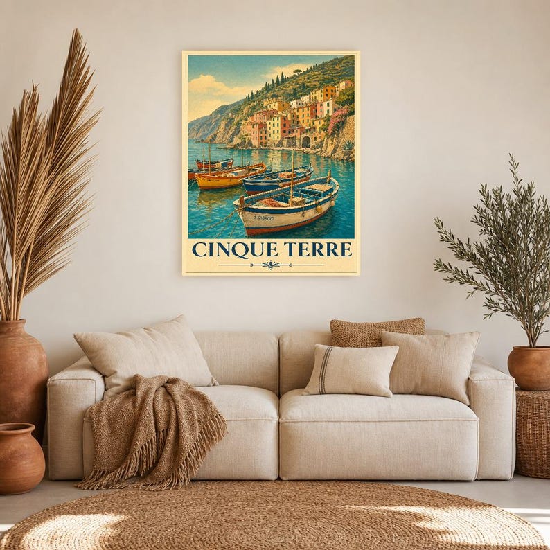 Cinque Terre Wall Art Print | Italian Fishing Boats Poster | Riviera Cove Travel Print | Vintage Dolce Vita Decor | Mediterranean Sea Art image 7