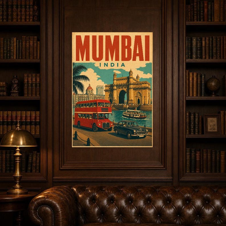 Poster di viaggio di Mumbai | Stampa vintage del portale | Arte murale indiana | Stampato e spedito immagine 5