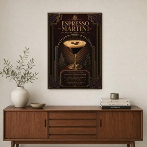 Dark Art Deco Espresso Martini Recipe Wall Art Print | Gold Cocktail Recipe Poster | Bar Cart Decor Print | Kitchen Wall Art image 2