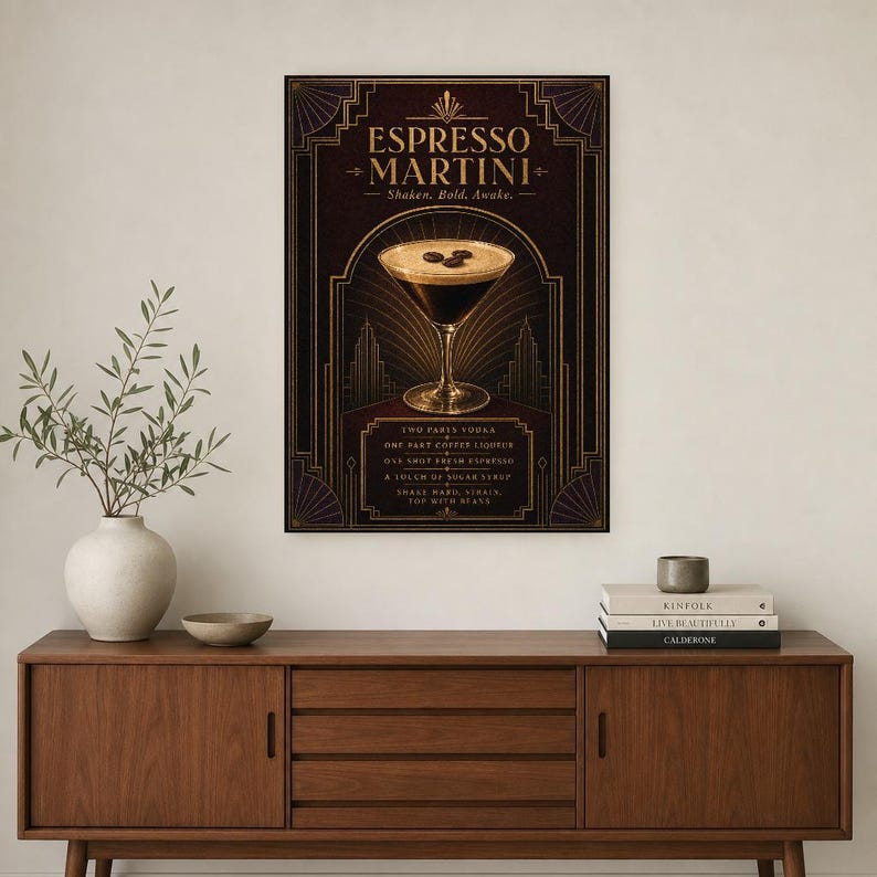 Dark Art Deco Espresso Martini Recipe Wall Art Print | Gold Cocktail Recipe Poster | Bar Cart Decor Print | Kitchen Wall Art image 2