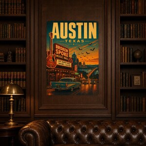 Austin-Reiseposter | Vintage-Druck der Hauptstadt der Livemusik | Texas-Wandbild | Stadtdeko aus der Mitte des 20. Jahrhunderts Bild 4
