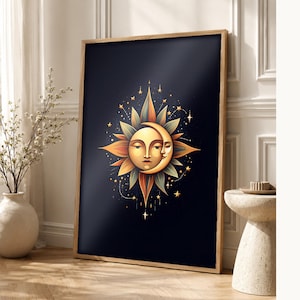 Celestial Sun and Moon Wall Art | Gold Mystical Face Poster | Boho Moon Phase Bedroom Print image 1