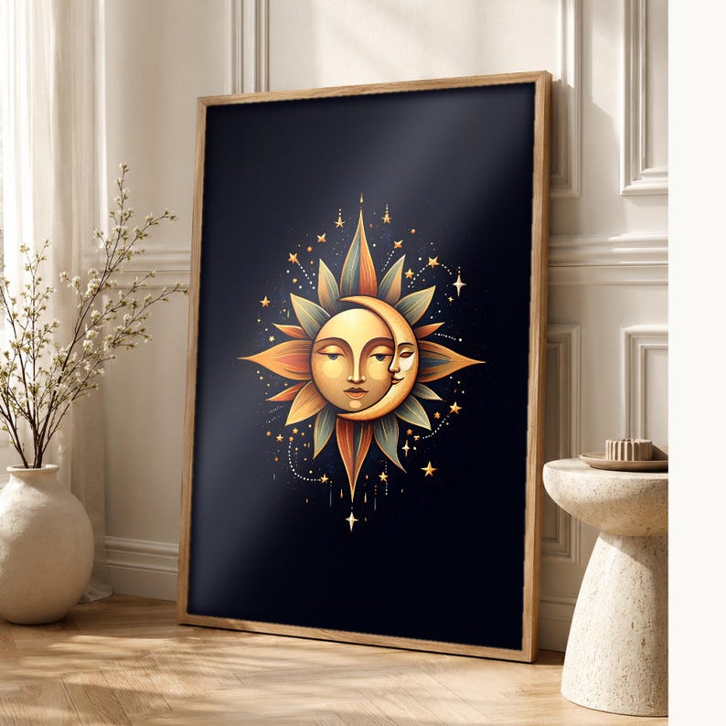 Celestial Sun and Moon Wall Art | Gold Mystical Face Poster | Boho Moon Phase Bedroom Print image 1