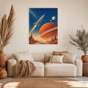 Retro Space Travel Poster | Vintage Sci-Fi Wall Art Print | Crimson Planet Rocket Art | 70s Cosmic Travel Wall Decor image 7