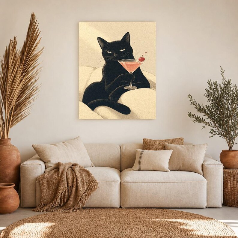 黒猫のカクテルウォールアート |チェリーコスモポスター |バーカートプリント |風変わりなノワールキャットクラブラウンジの装飾 画像 7