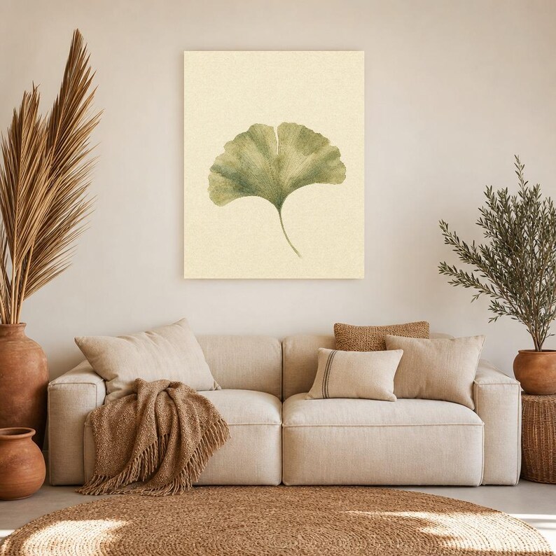 Sage Green Japandi Wall Art Print | Neutral Gallery Wall Set | Minimal Ginkgo Leaf Wabi Sabi Print image 7