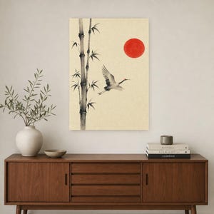 Red Sun Japandi Wall Art Print | Ink Crane and Bamboo | Sumi-e Wabi Sabi Living Room Print image 2