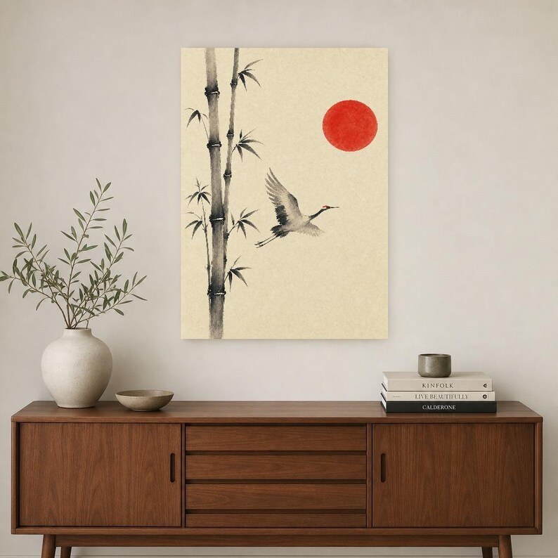 Red Sun Japandi Wall Art Print | Ink Crane and Bamboo | Sumi-e Wabi Sabi Living Room Print image 2