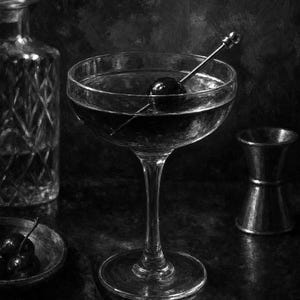 Manhattan-Cocktail-Druck | Moody Barwagen Wandkunst | Whiskey-Coupé und Kirschstillleben Bild 10