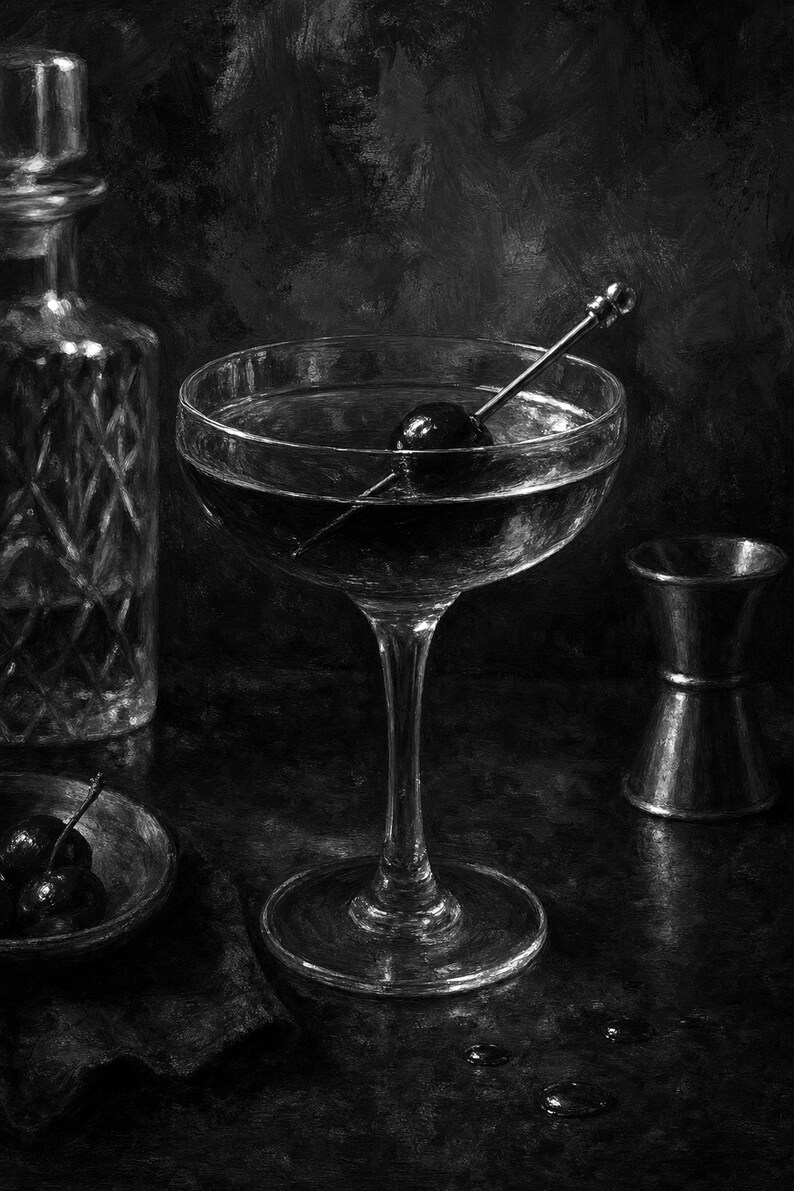 Manhattan-Cocktail-Druck | Moody Barwagen Wandkunst | Whiskey-Coupé und Kirschstillleben Bild 10
