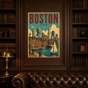 Boston Travel Poster | Vintage 1950s Skyline Harbor Print | Retro Massachusetts Wall Art Print | Mid Century City Decor image 5