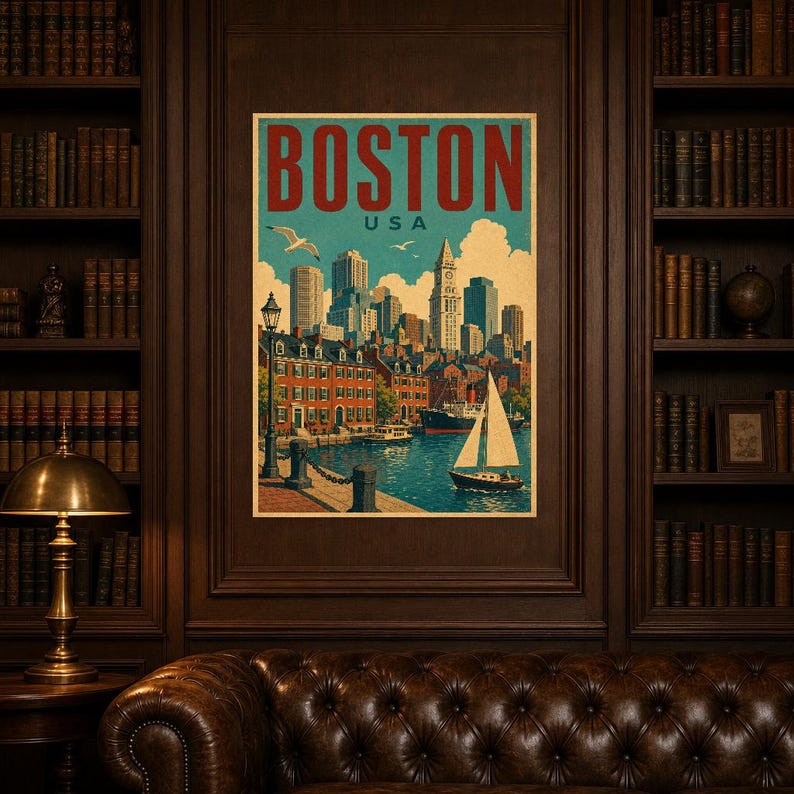 Boston Travel Poster | Vintage 1950s Skyline Harbor Print | Retro Massachusetts Wall Art Print | Mid Century City Decor image 5