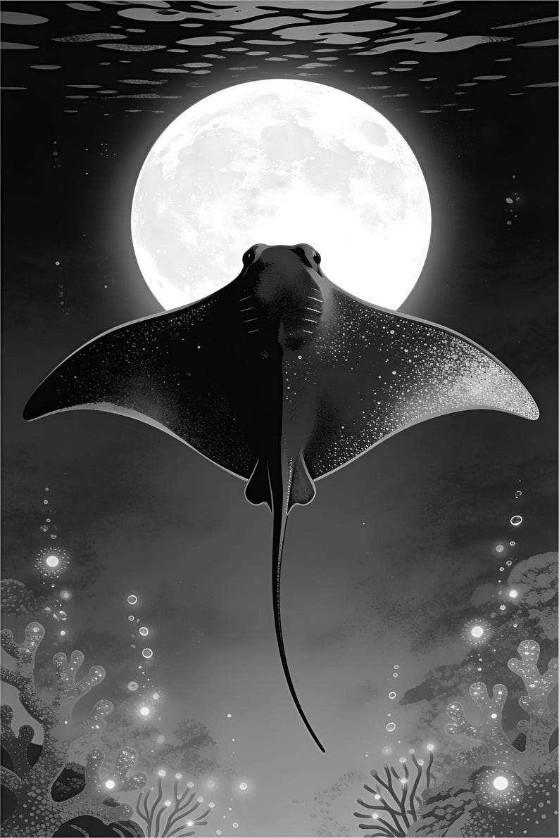 Bioluminescent Manta Ray Poster | Deep Sea Ocean Bathroom Wall Art Print | Dark Coastal Night Print image 17