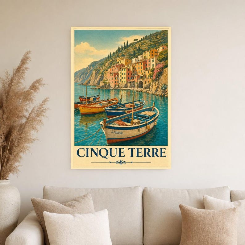 Cinque Terre Wall Art Print | Italian Fishing Boats Poster | Riviera Cove Travel Print | Vintage Dolce Vita Decor | Mediterranean Sea Art image 4