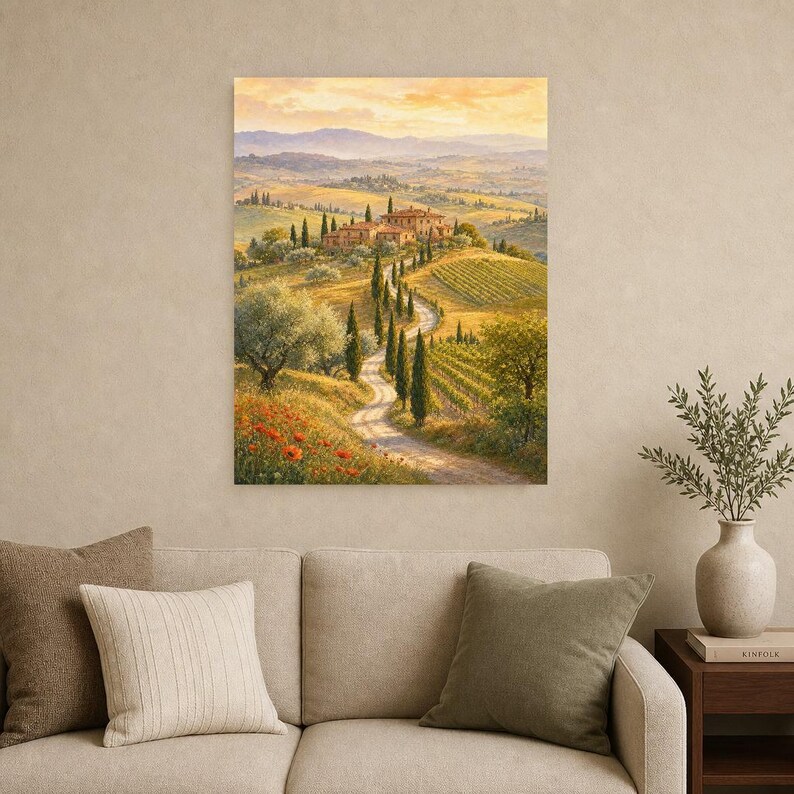 Toscane reisposter | Zachte schildering Italië muurdecoratie | Print van het Toscaanse platteland | Gedrukt en verzonden afbeelding 9