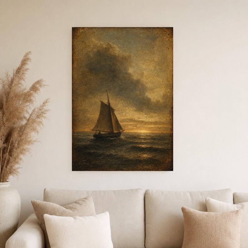 Moody Vintage Sailboat Seascape Wall Art Print | Antique Oil Painting Print | Dark Academia Coastal Decor | Tonalist Marine Poster image 4