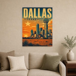 Dallas Travel Poster | Vintage Reunion Tower Skyline Print | Texas Wall Art Print | Mid Century City Decor image 8