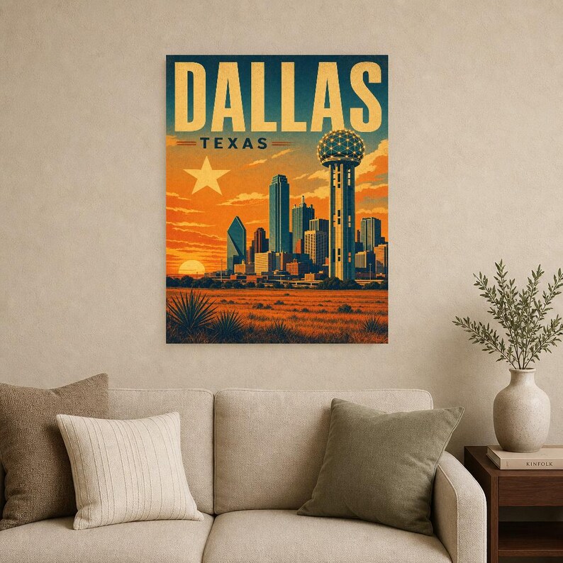 Dallas Travel Poster | Vintage Reunion Tower Skyline Print | Texas Wall Art Print | Mid Century City Decor image 8