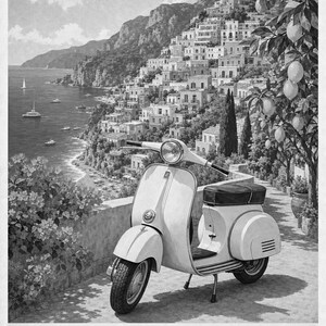 Positano Vespa Wandkunst | Italienisches Riviera-Reiseplakat | Amalfiküste Druck | Vintage Dolce Vita Roller Kunst | Mediterranes Dekor Bild 10