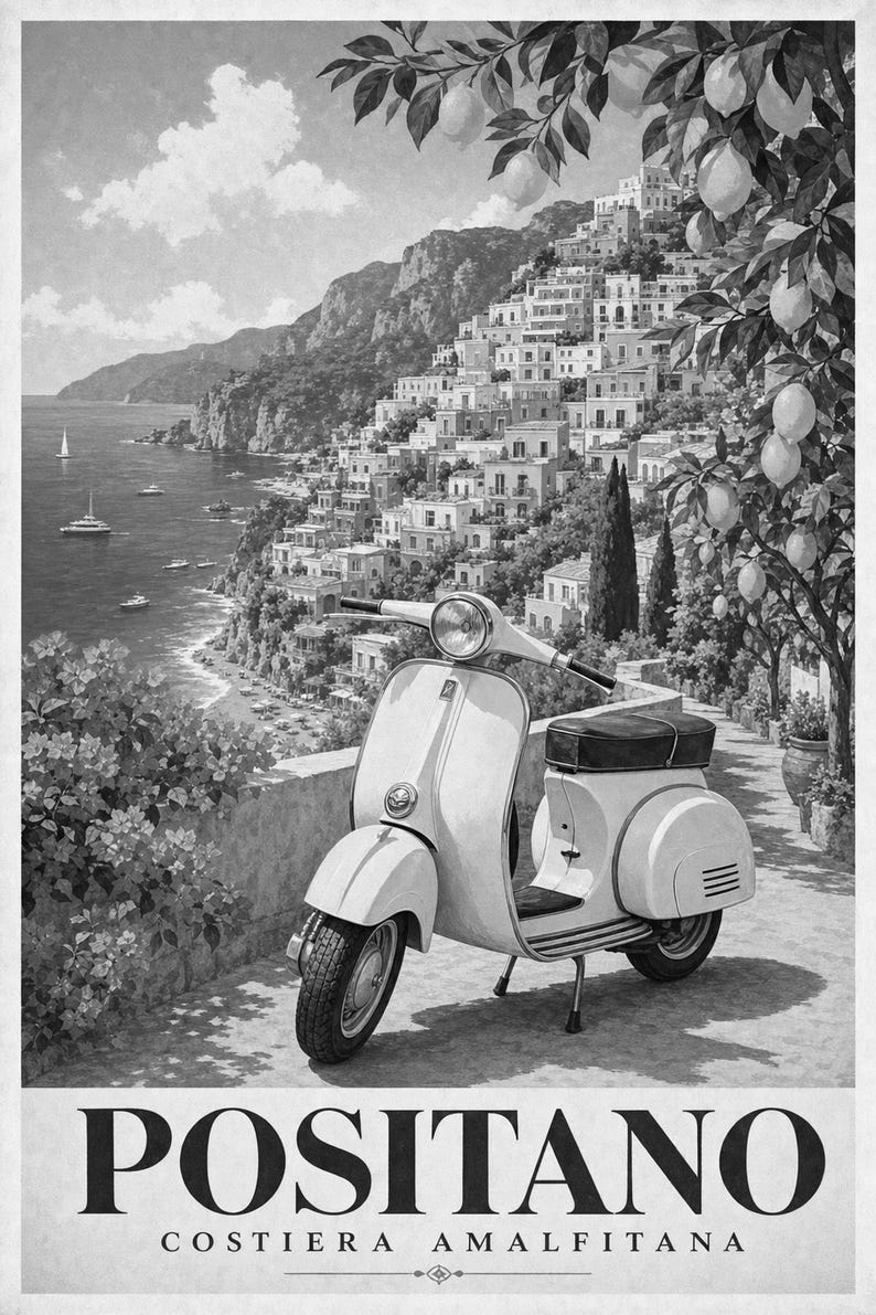 Positano Vespa Wandkunst | Italienisches Riviera-Reiseplakat | Amalfiküste Druck | Vintage Dolce Vita Roller Kunst | Mediterranes Dekor Bild 10