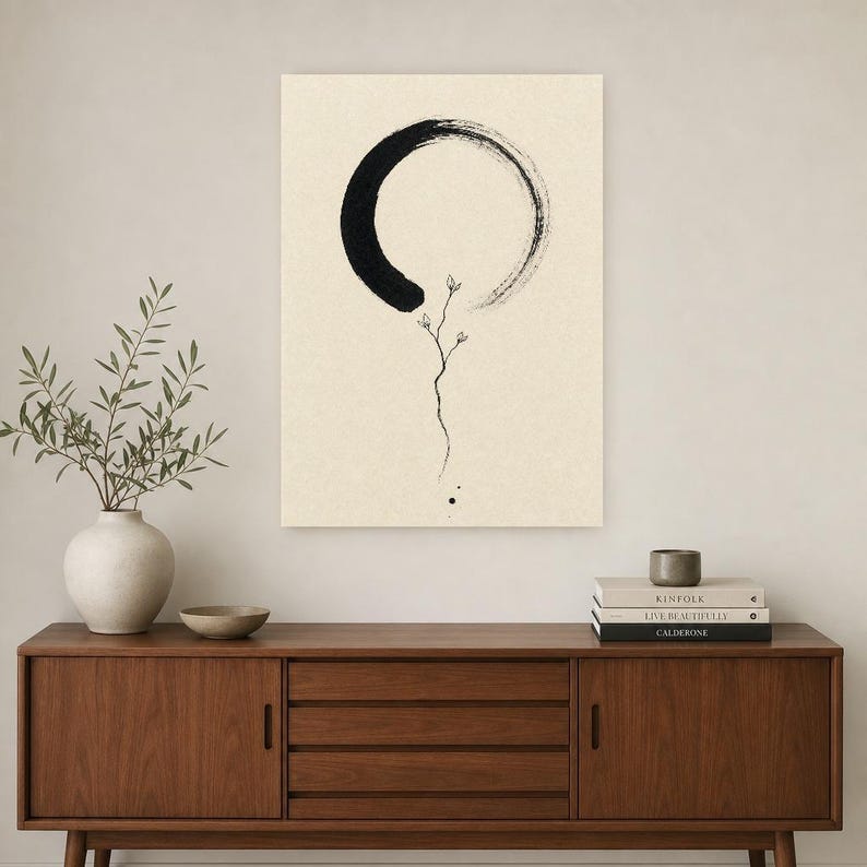 Zen Enso and Branch Japandi Wall Art Print | Mono Line Ink Print | Wabi Sabi Cream Poster Decor image 2