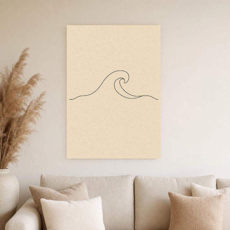 Väggkonsttryck med havsvågor på en linje | Minimalistisk linjekonsttryck | Abstrakt vågposter | Japandi beige kustdekor | Skandinavisk bild 4