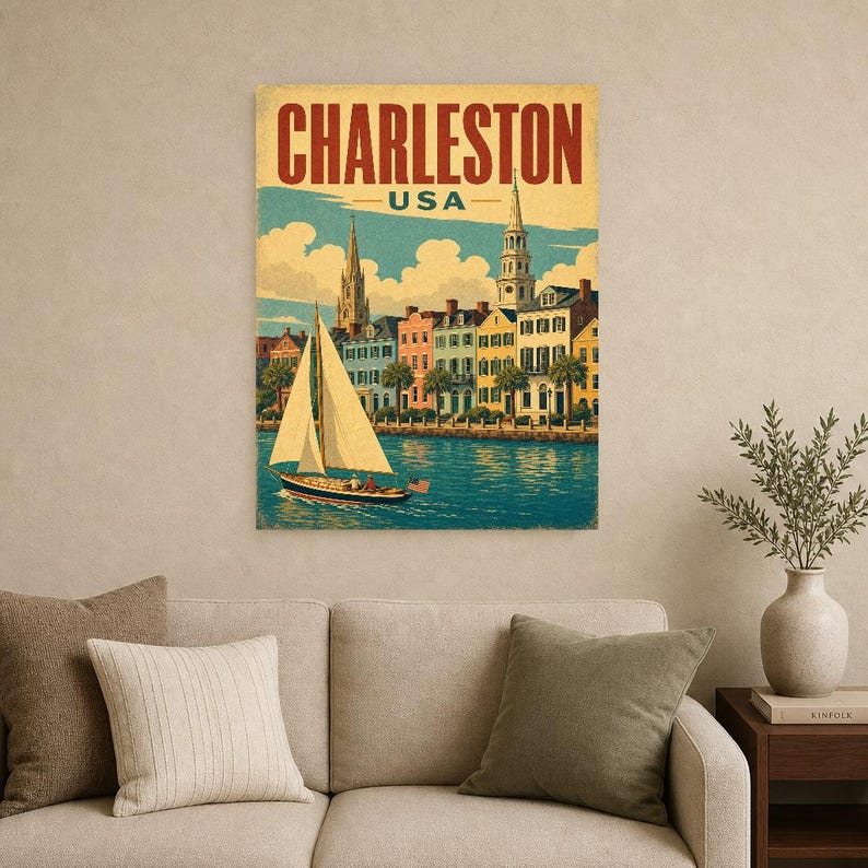Póster turístico de Charleston | Lámina vintage de Rainbow Row de los años 50 | Arte mural retro de Carolina del Sur | Decoración de mediados de siglo imagen 9