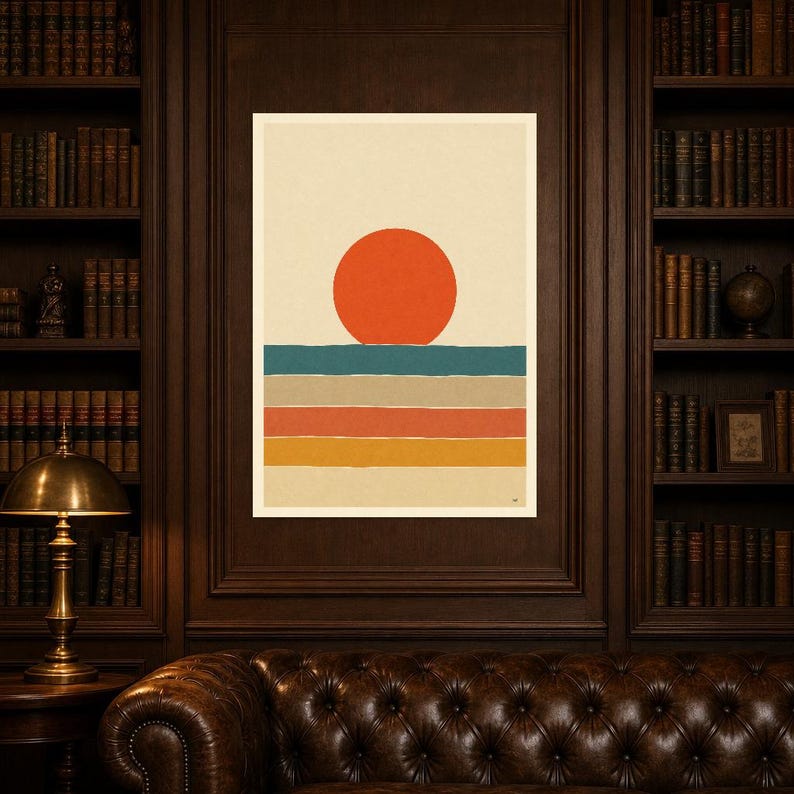 Vermillion Sun Aegean Sea Wall Art Print | Mid-Century Sun Poster | Cut-Paper Minimalist Print | Teal Cream Boho Decor image 5