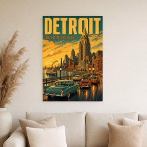 Detroit Travel Poster | Vintage 1950s Motor City Print | Michigan Wall Art Print | Mid Century City Decor image 3