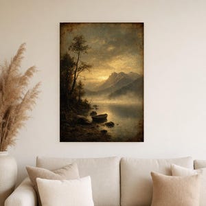 Moody Mountain Lake Rowboat Wall Art Print | Vintage Oil Painting Print | Misty Tonalist Landscape Decor | Ancient Dawn Poster image 4