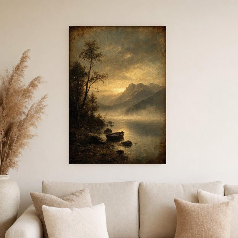 Moody Mountain Lake Rowboat Wall Art Print | Vintage Oil Painting Print | Misty Tonalist Landscape Decor | Ancient Dawn Poster image 4