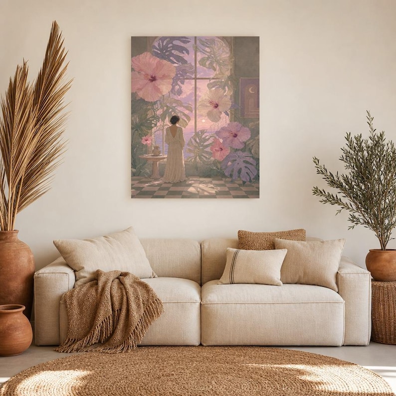 Surreal Botanical Wall Art Print | Dreamscape Flower Window Poster | Soft Surrealism Art | Pink Lavender Sage Wall Decor image 7