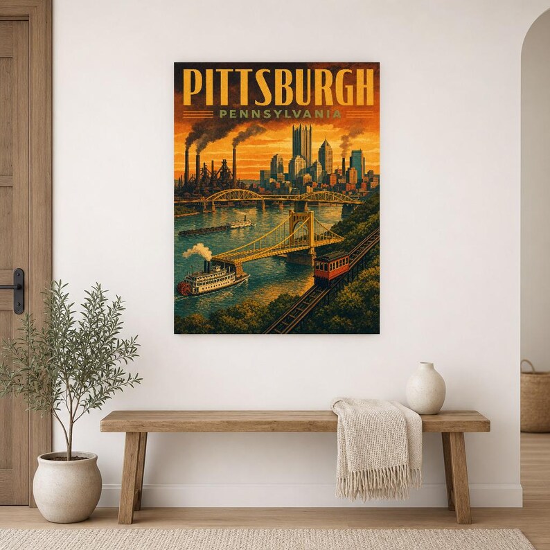 Pittsburgh Travel Poster | Vintage Three Rivers Bridges Print | Pennsylvania Wall Art Print | Mid Century City Decor image 9