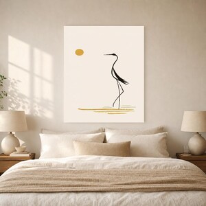 Cream Japandi Crane Wall Art | Zen Line Art Silhouette Poster | Minimalist Nature Gallery Print image 6