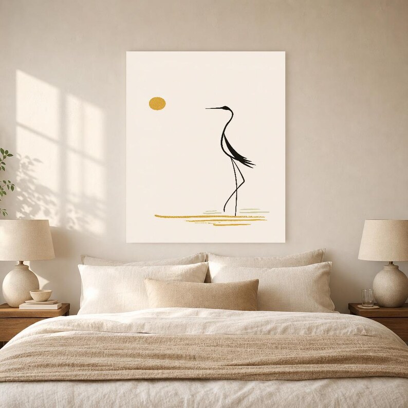 Cream Japandi Crane Wall Art | Zen Line Art Silhouette Poster | Minimalist Nature Gallery Print image 6